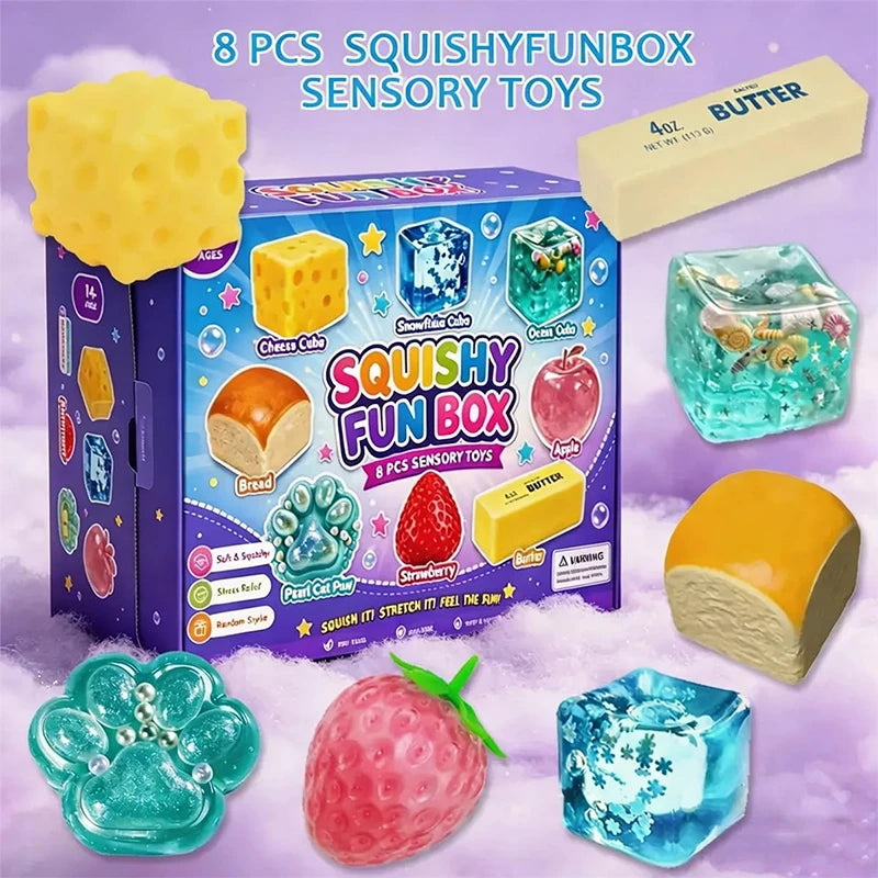 Gift box of 8 slow-rise squishy toys featuring food and ocean-themed designs